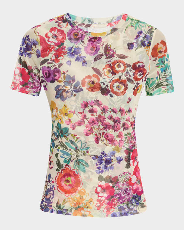 Floral-Print Crewneck Mesh T